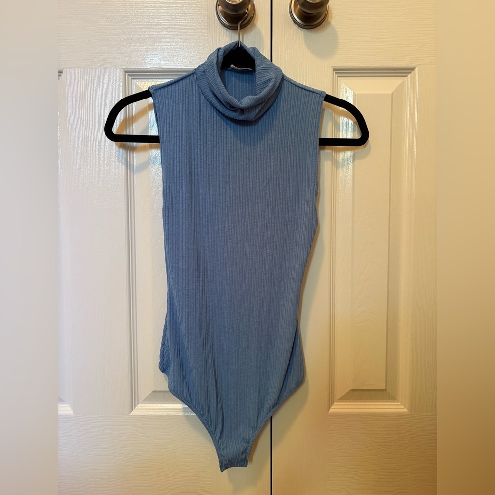 Free People Blue Ribbed Turtleneck Bodysuit